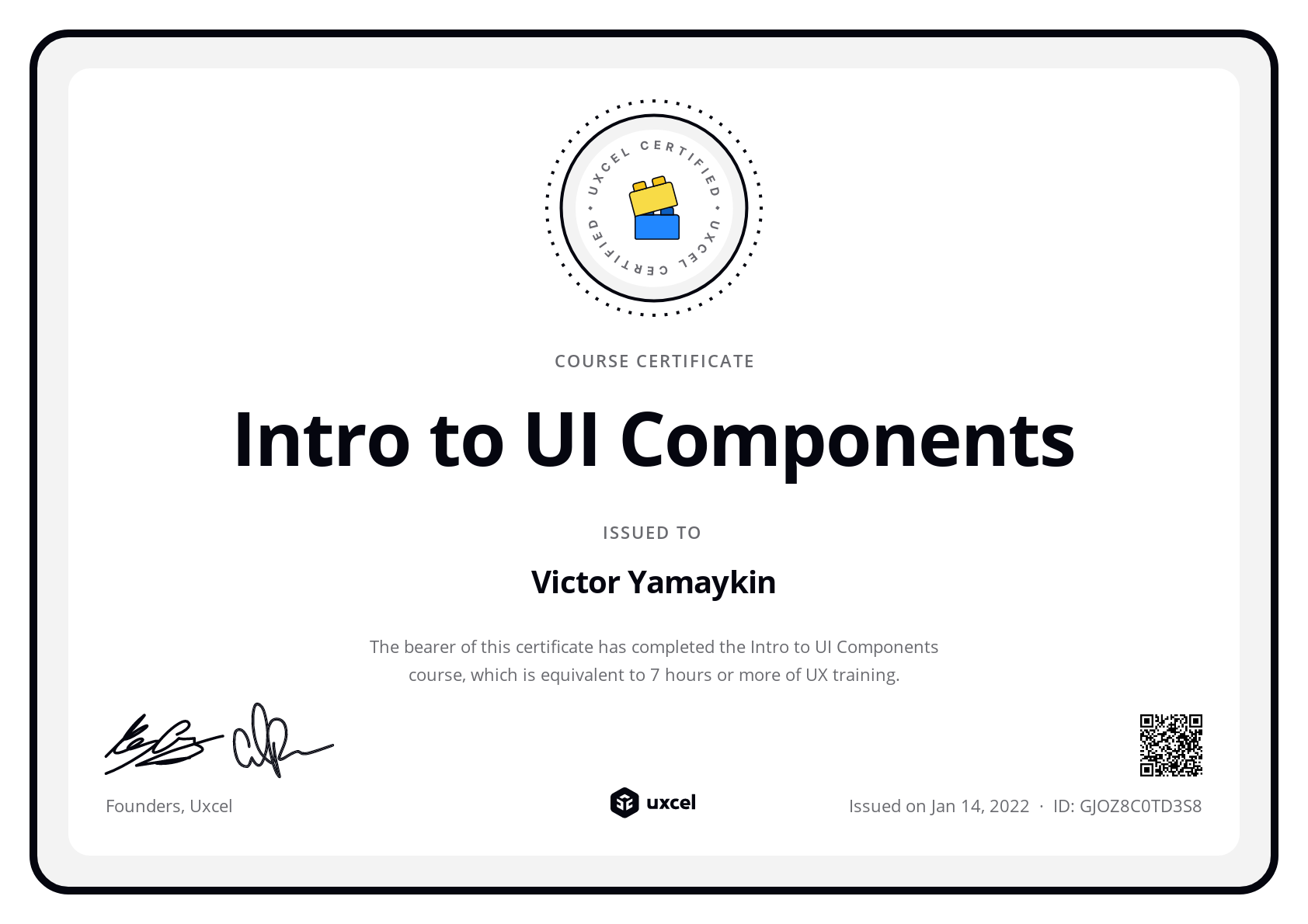 Victor Yamaykin's certificate